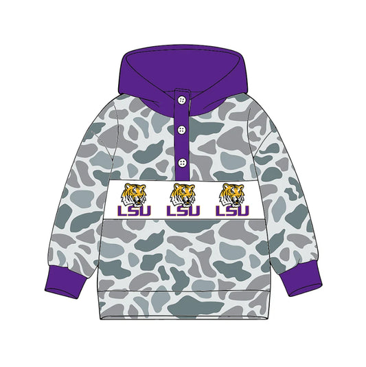 (Custom Design Preorder MOQ 5) Team's LSU Tigers Camo Print Kids Long Sleeve Buttons Hoodie Top