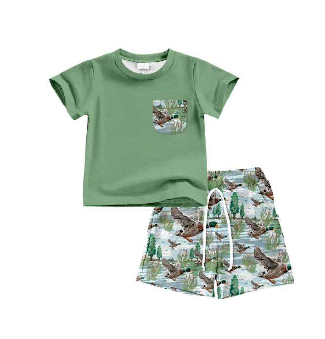 (Custom Design Preorder MOQ 5) Green Pocket Top Duck Shorts Boys Summer Clothes Set