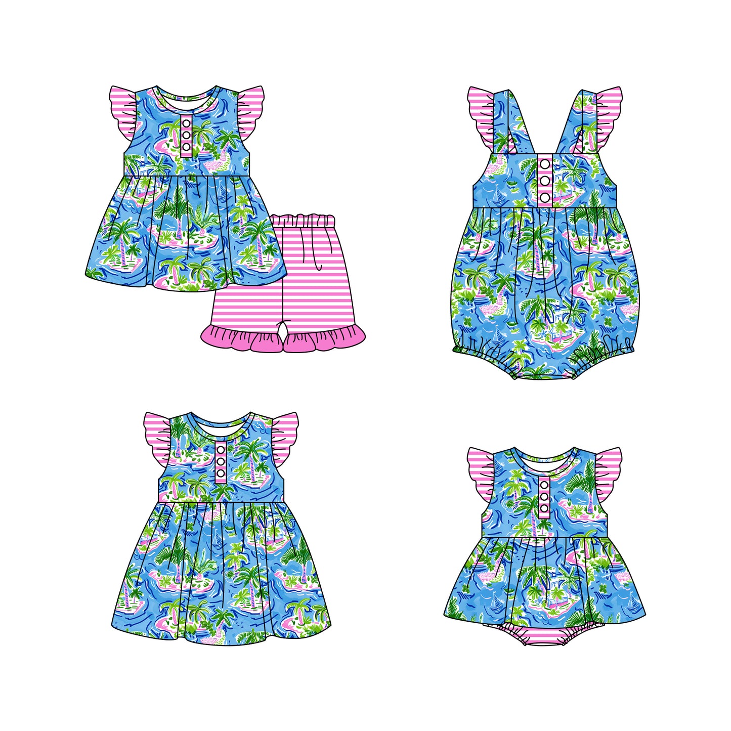 11.18(Custom Design Preorder MOQ 5 Each Design) Coconut Tree Print Girls Summer Matching Clothes Sibling Wear
