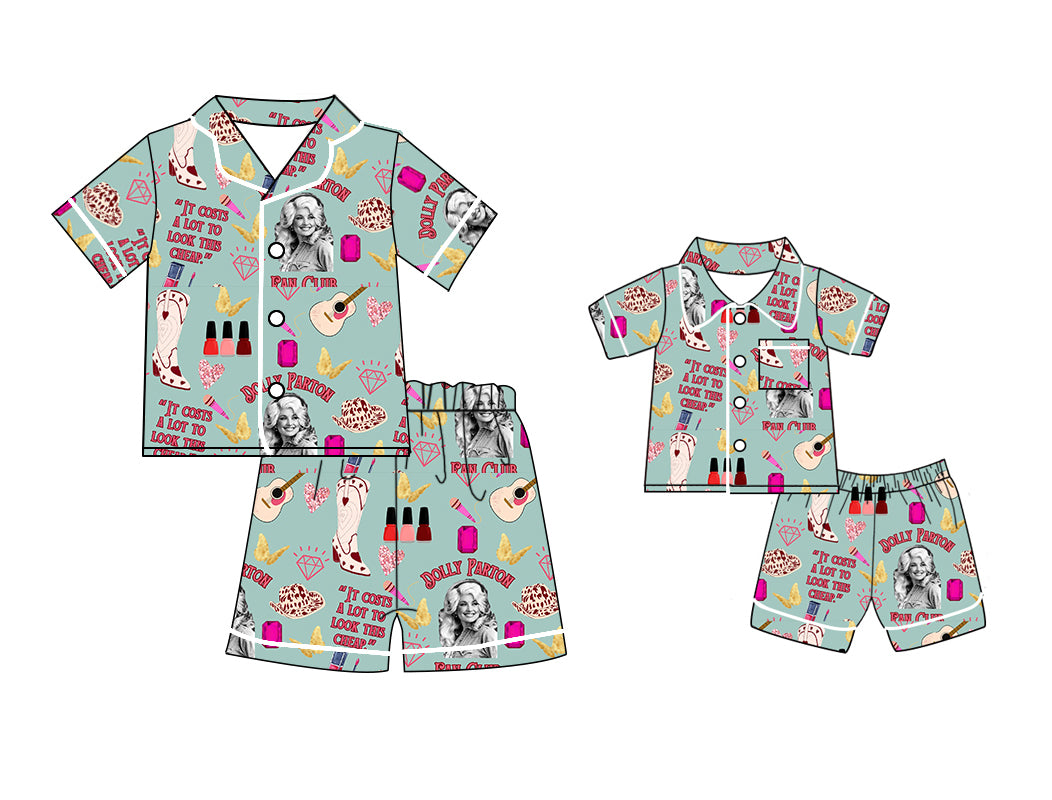 (Custom Design Preorder MOQ 5) Singer Dolly Print Shorts Girls Summer Pajamas Clothes Set