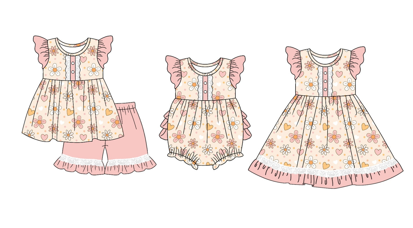 11.4(Custom Design Preorder MOQ 5 Each Design) Heart Flowers Print Girls Valentine's Day Matching Clothes Set Sisters Wear