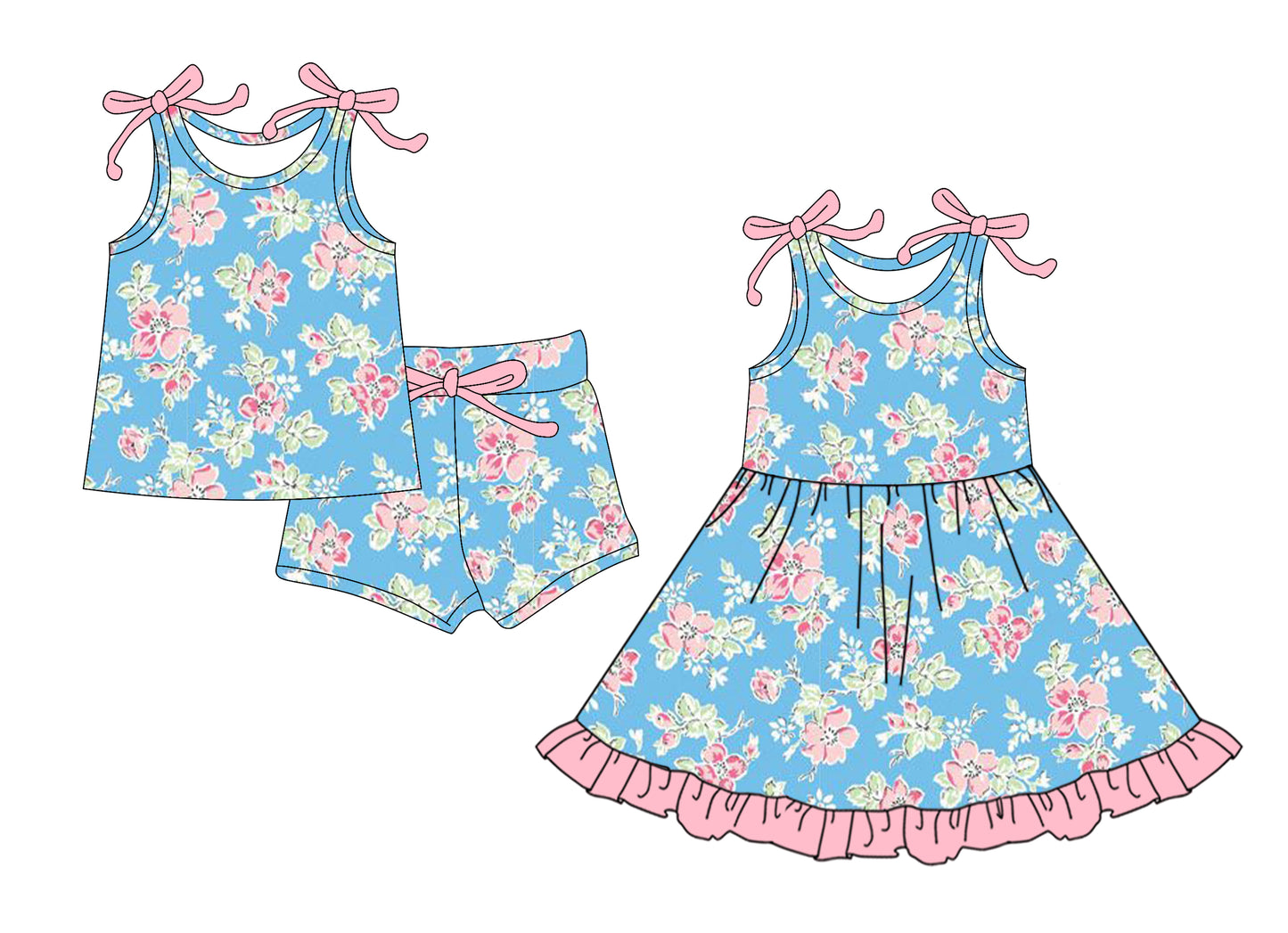 5.23(Custom Design Preorder MOQ 5 Each Design) Flowers Blue Print Girls Summer Matching Clothes Sisters Wear