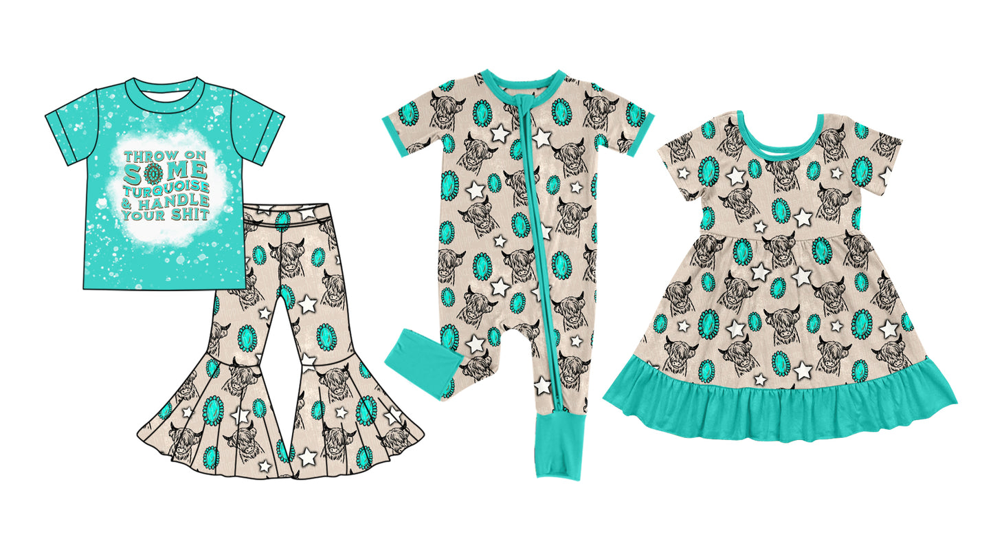 5.22(Custom Design Preorder MOQ 5 Each Design) Turquoise Highland Cow Print Girls Western Matching Clothes Sisters Wear