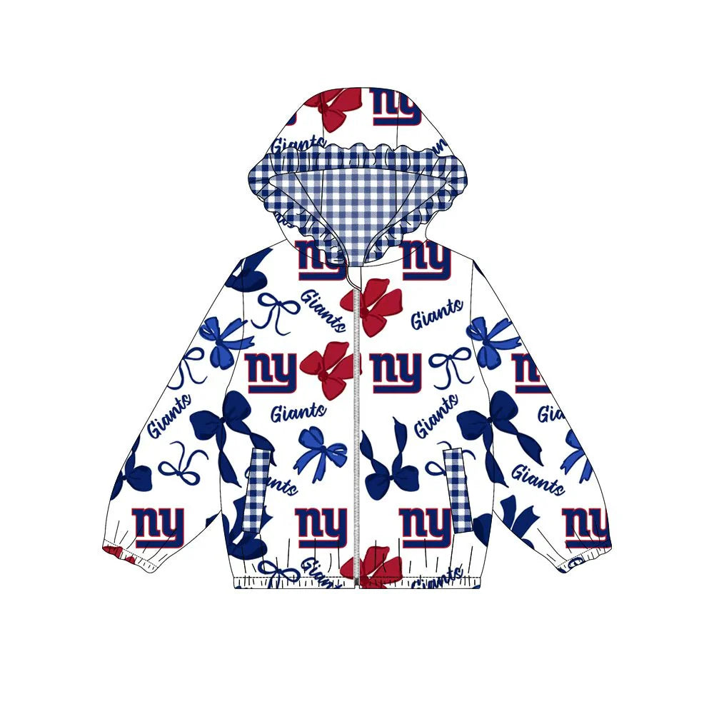 (Custom Design Preorder MOQ 5) Team's New York Giants Bows Print Pockets Girls Long Sleeve Zipper Jackets Top
