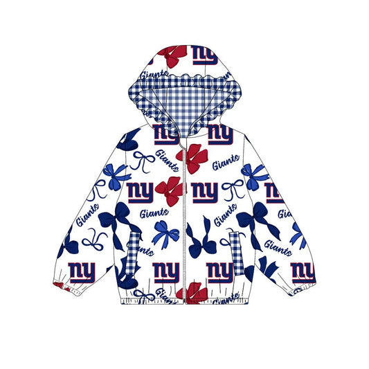 (Custom Design Preorder MOQ 5) Team's New York Giants Bows Print Pockets Girls Long Sleeve Zipper Jackets Top