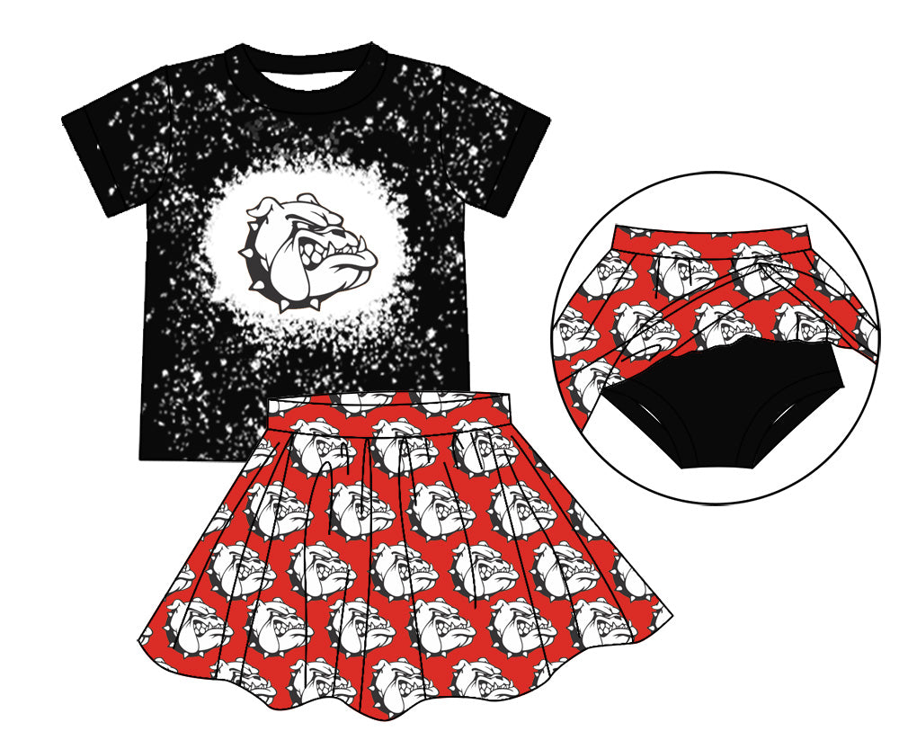 (Custom Design Preorder MOQ 5) Team's Bulldog Black Top Red Skirts Girls Summer Clothes Set