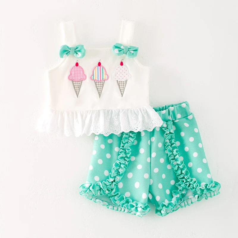 (Custom Design Preorder MOQ 5) Ice Cream Top Dots Shorts Girls Summer Clothes Set