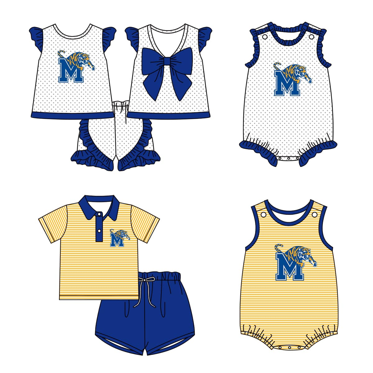 (Custom Design Preorder MOQ 5 Each Design) Team's Memphis Tigers Print Kids Summer Matching Clothes Sibling Wear