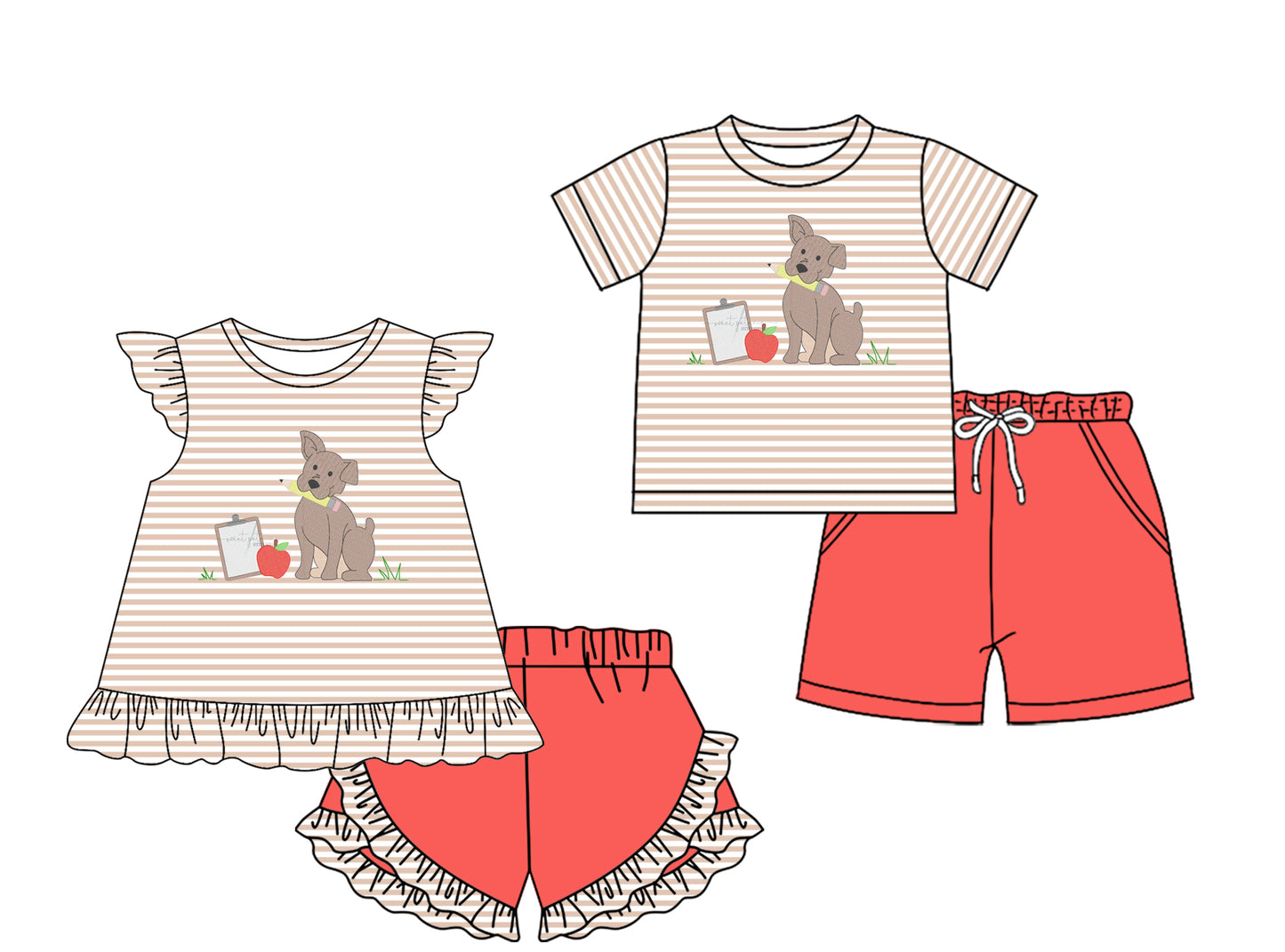 2.7(Custom Design Preorder MOQ 5 Each Design) Dog Apple Stripes Print Kids Back to School Matching Clothes Sibling Wear