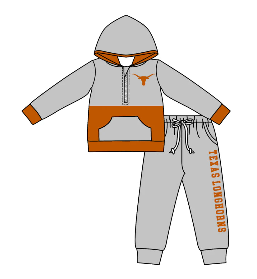 (Custom Design Preorder MOQ 5) Team's Texas Longhorns Print Hoodie Zipper Top Pockets Pants Boys Fall Clothes Set