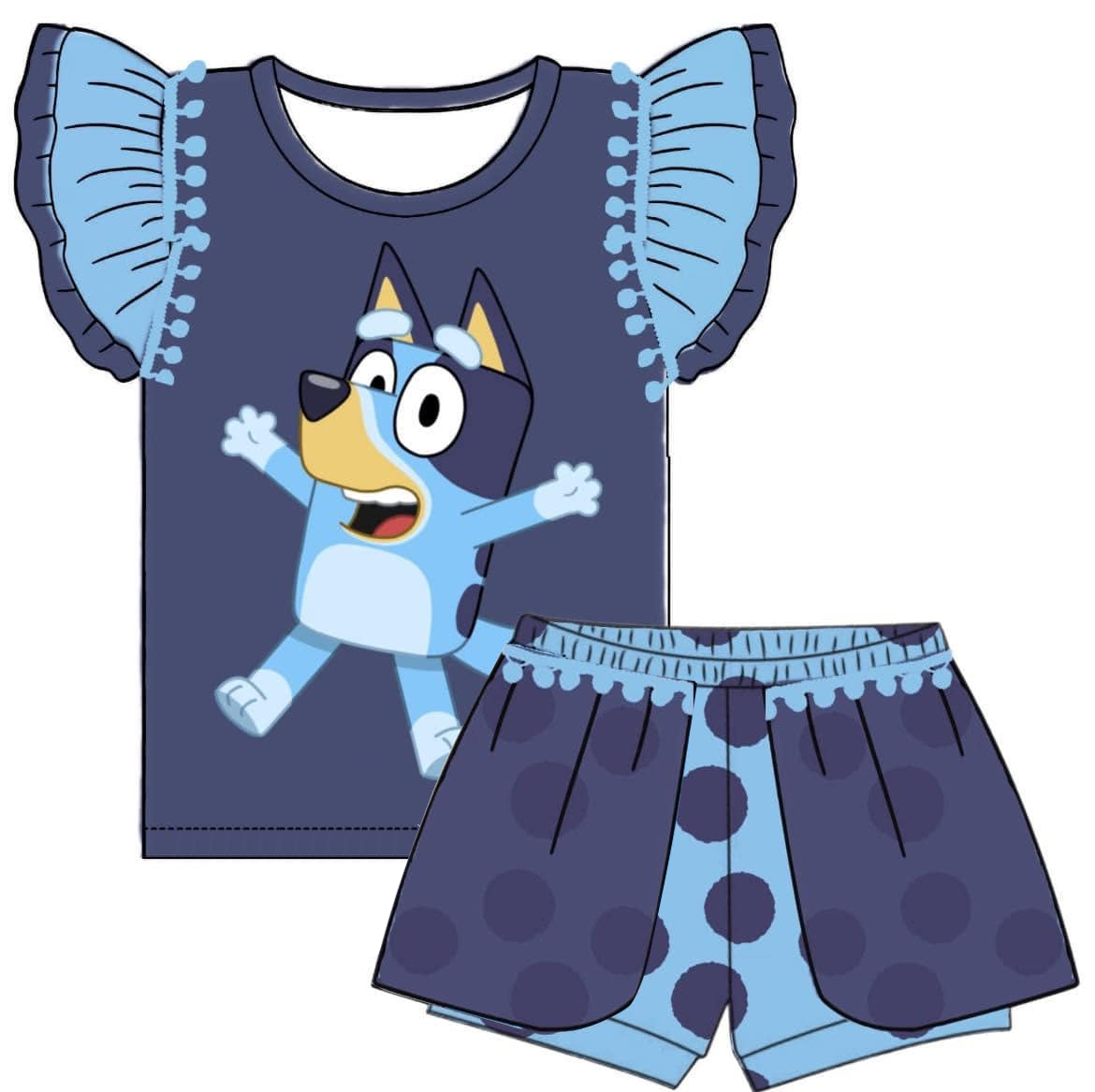 (Custom Design Preorder MOQ 5) Cartoon Dog Print Girls Summer Clothes Set