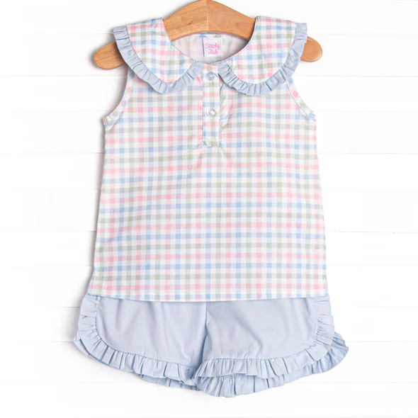 (Custom Design Preorder MOQ 5) Plaid Top Ruffle Shorts Girls Summer Clothes Set