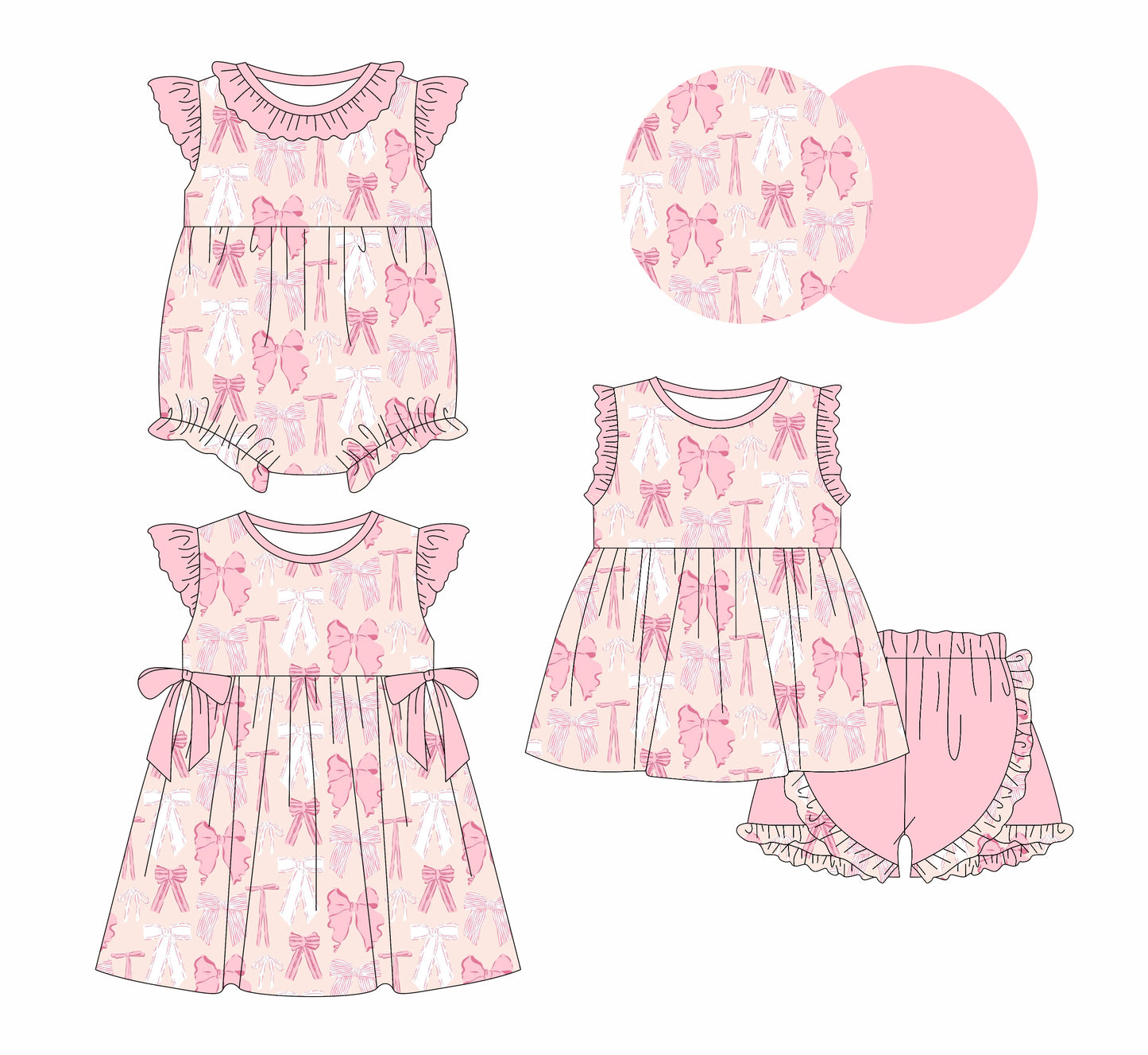 12.5 (Custom Design Preorder MOQ 5 Each Design) Pink Bows Print Girls Summer Matching Clothes Sisters Wear