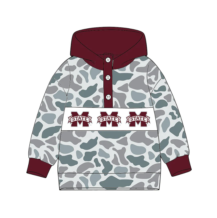 (Custom Design Preorder MOQ 5) Team's Mississippi State Camo Print Kids Long Sleeve Buttons Hoodie Top
