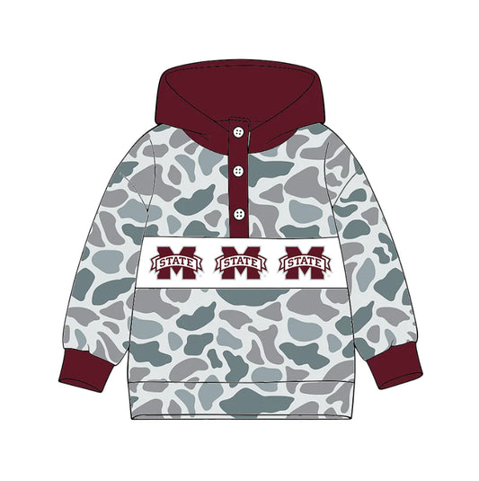 (Custom Design Preorder MOQ 5) Team's Mississippi State Camo Print Kids Long Sleeve Buttons Hoodie Top