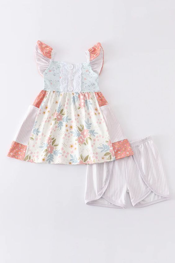 (Custom Design Preorder MOQ 5) Flowers Print Girls Summer Clothes Set