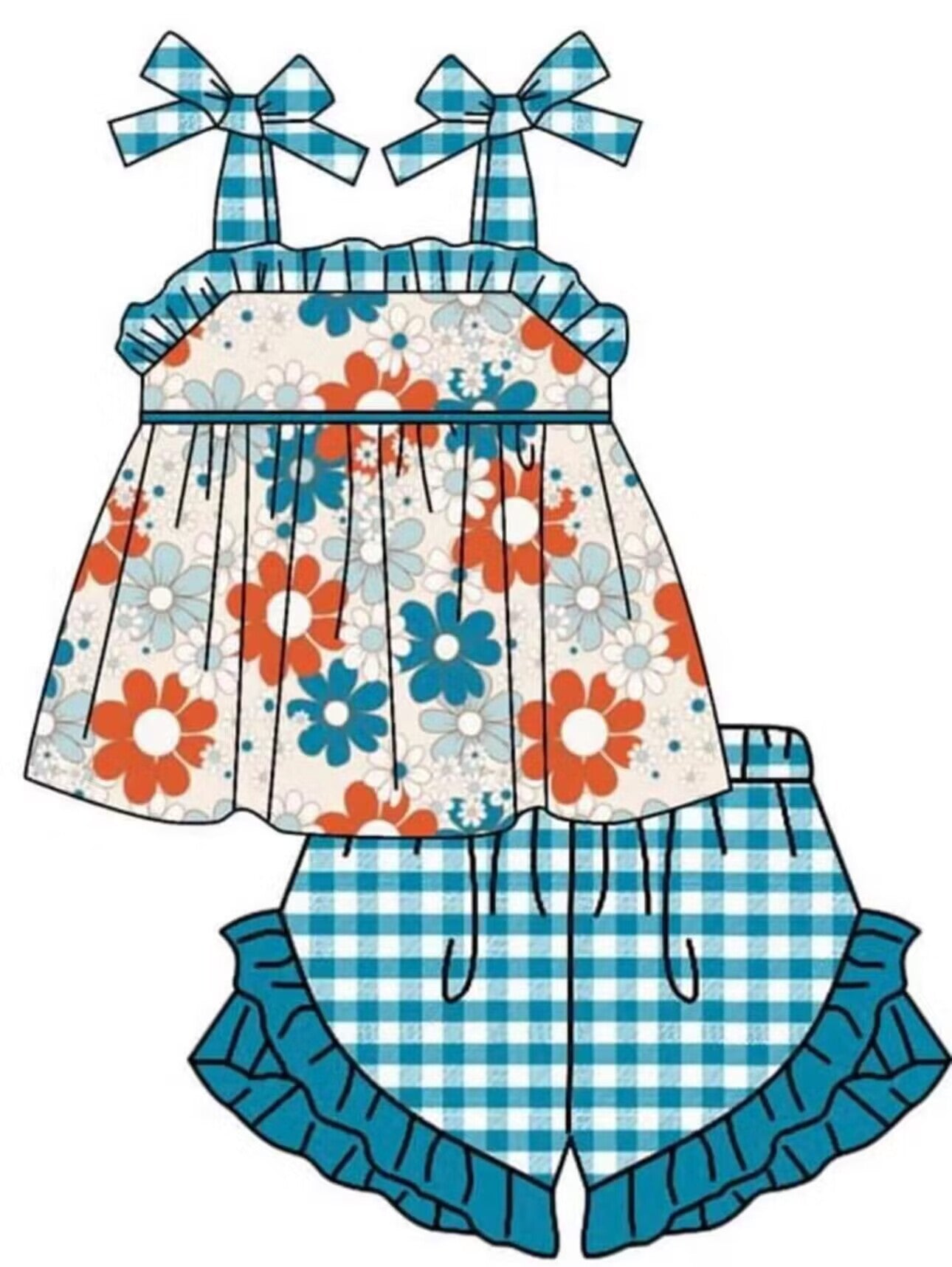 (Custom Design Preorder MOQ 5) Flowers Tunic Strap Top Plaid Shorts Girls 4th of July Clothes Set