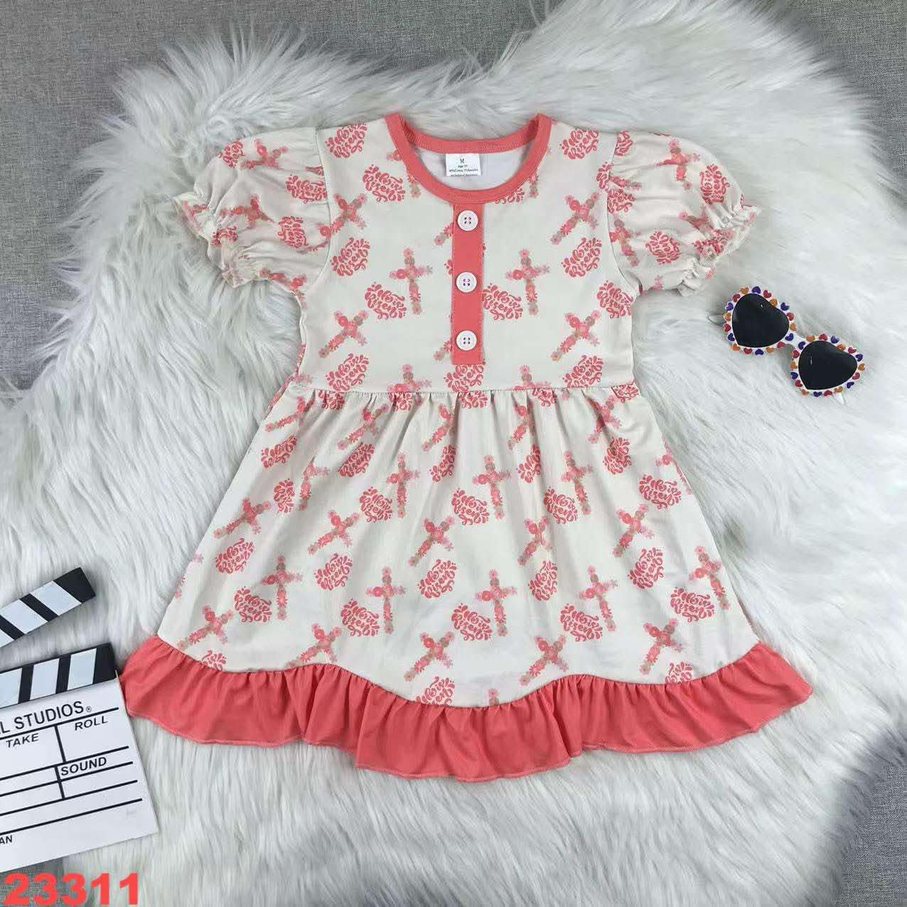 (Custom Design Preorder MOQ 5) Cross Pink Print Girls Easter Knee Length Dress