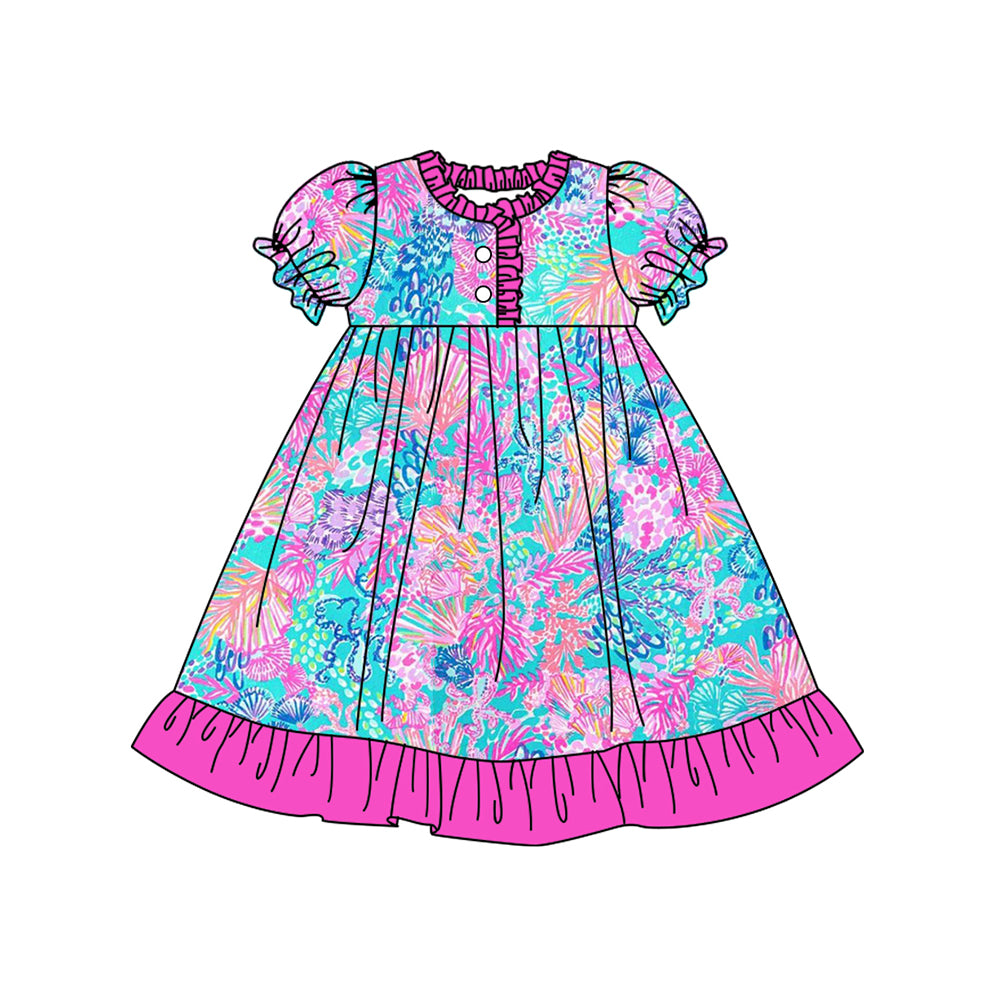 12.10(Custom Design Preorder MOQ 5) Seaweed Pink Print Girls Summer Pajamas Knee Length Dress