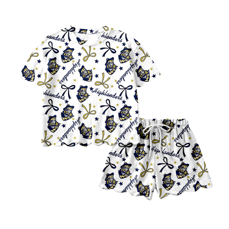 (Custom Design Preorder MOQ 5) Teams Highlanders Bows Print Girls Summer Scallop Clothes Set