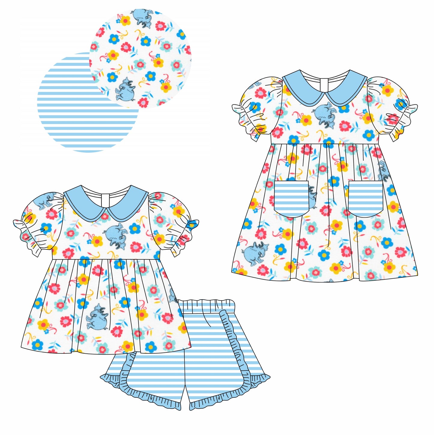 11.12(Custom Design Preorder MOQ 5 Each Design) Dr.Reading Elephant Blue Flowers Print Girls Summer Matching Clothes Set Sisters Wear