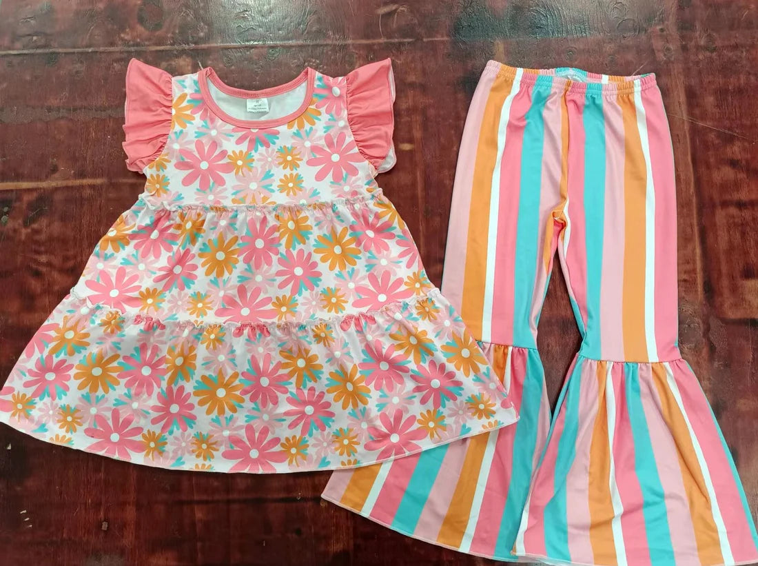 (Custom Design Preorder MOQ 5) Flowers Tunic Top Stripes Bel Pants Girls Clothes Set