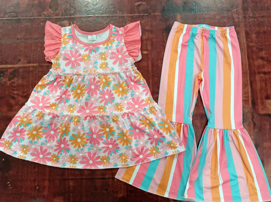 (Custom Design Preorder MOQ 5) Flowers Tunic Top Stripes Bel Pants Girls Clothes Set