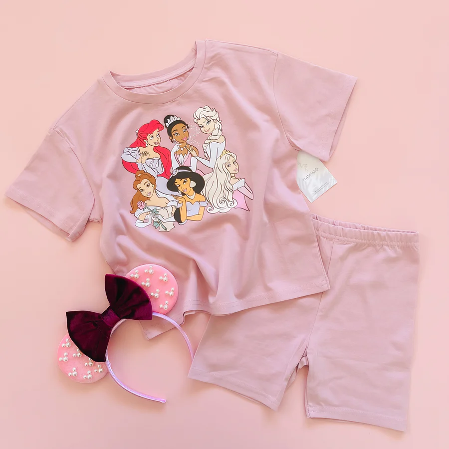 (Custom Design Preorder MOQ 5) Cartoon Princess Print Girls Summer Clothes Set