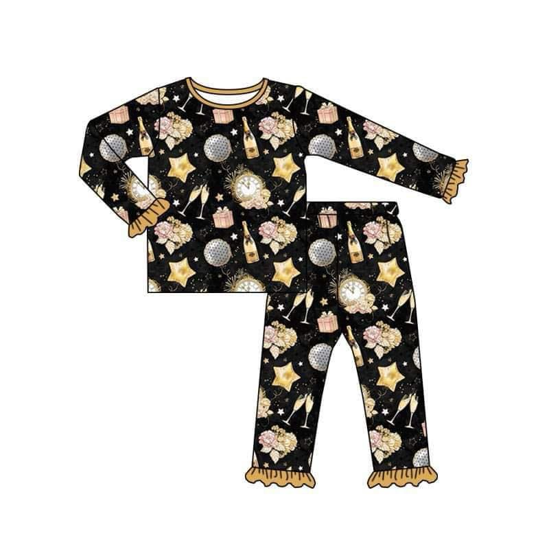 (Custom Design Preorder MOQ 5) Happy New Year Print Girls Pajamas Clothes Set