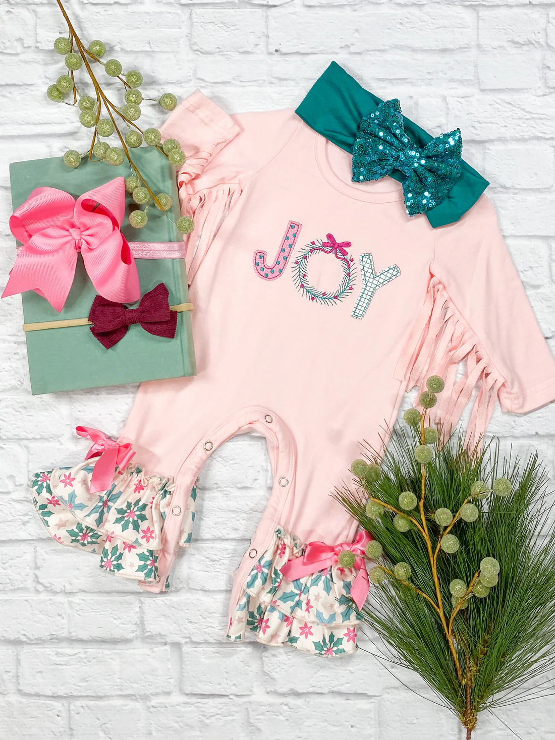 (Custom Design Preorder MOQ 5) JOY Holly Print Baby Girls Christmas Romper