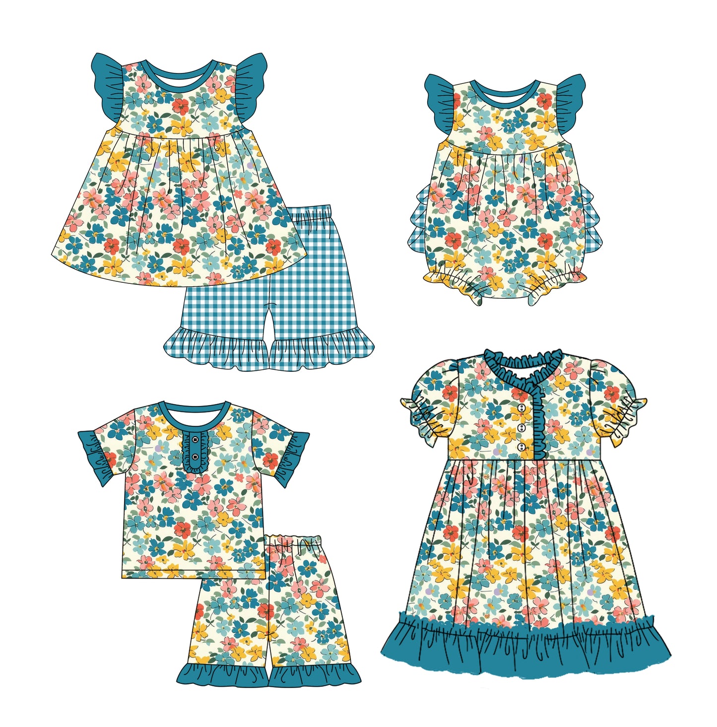 12.10(Custom Design Preorder MOQ 5 Each Design) Blue Flowers Print Girls Summer Matching Clothes Sisters Wear