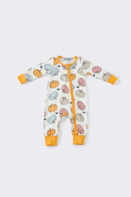 (Custom Design Preorder MOQ 20)  Pumpkin Mustard Print Baby Fall Bamboo Sleeper Zipper Romper