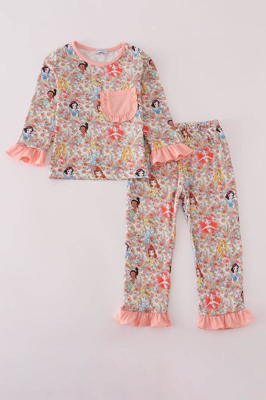 (Custom Design Preorder MOQ 5) Cartoon Princess Flowers Pants Girls Fall Pajamas Clothes Set