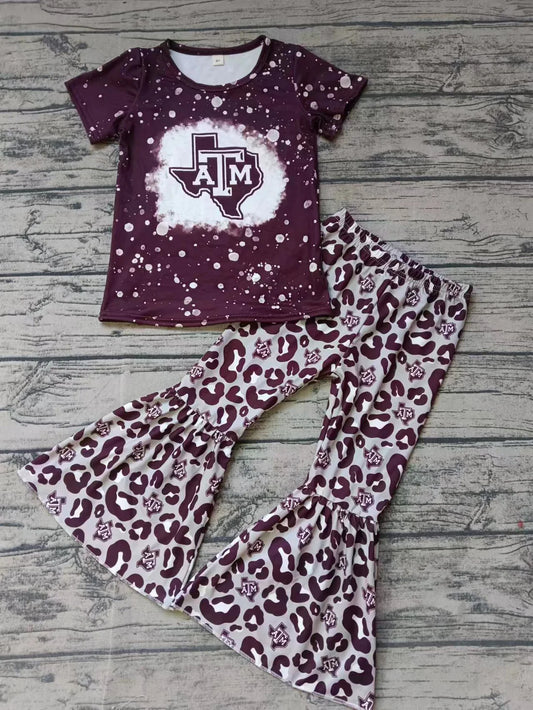 (Custom Design Preorder MOQ 5) Team's TEXAS A&M Print Leopard Bell Pants Girls Clothes Set