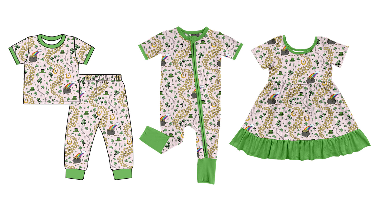 12.9(Custom Design Preorder MOQ 5 Each Design) Golden Rainbow Leaf Print Girls St. Patrick's Day Matching Clothes Sisters Wear
