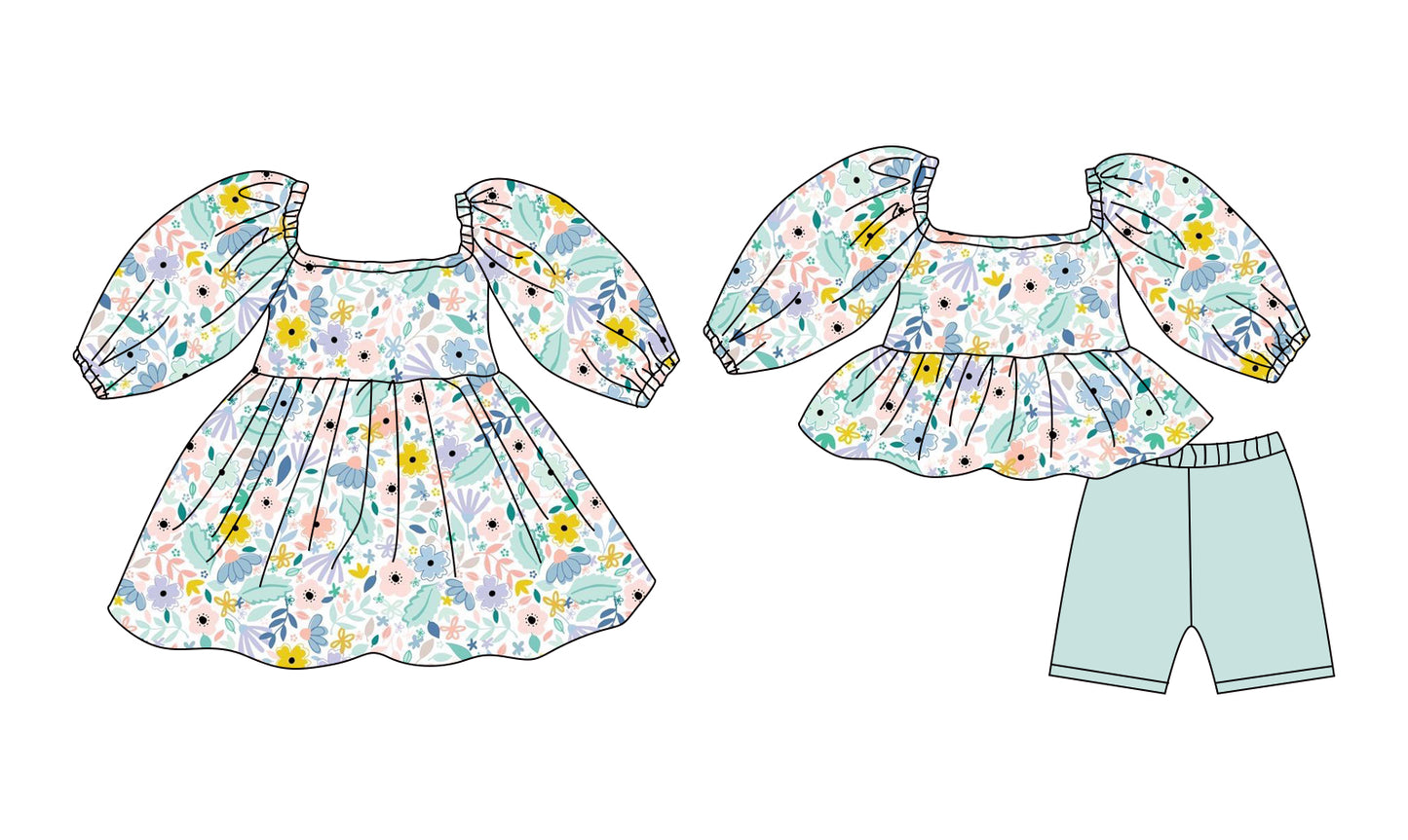 12.8 (Custom Design Preorder MOQ 5 Each Design) Colorful Flowers Print Girls Summer Matching Clothes Sisters Wear