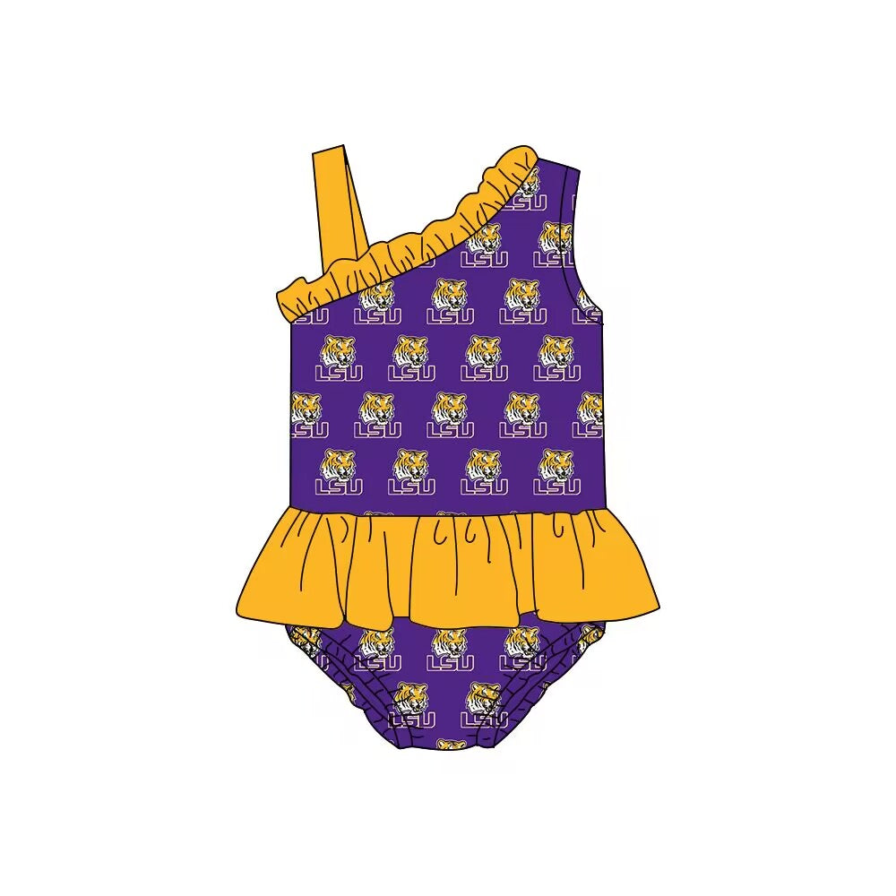 (Custom Design Preorder MOQ 5) Team's LSU Print Girls 1 Piece Swimsuits Beach Wear
