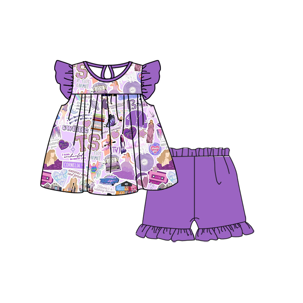 (Custom Design Preorder MOQ 5) Singer Swiftie Top Purple Shorts Girls Summer Clothes Set