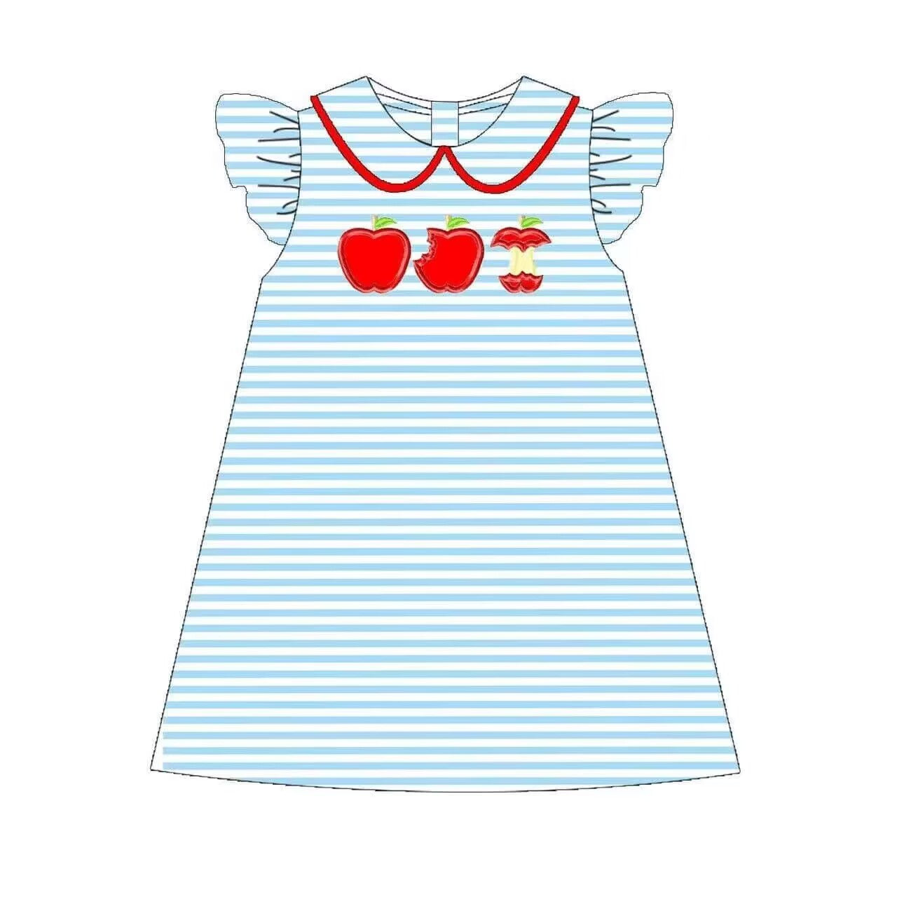 (Custom Design Preorder MOQ 5) Apple Blue Stripes Print Girls Knee Length Back to School Dress