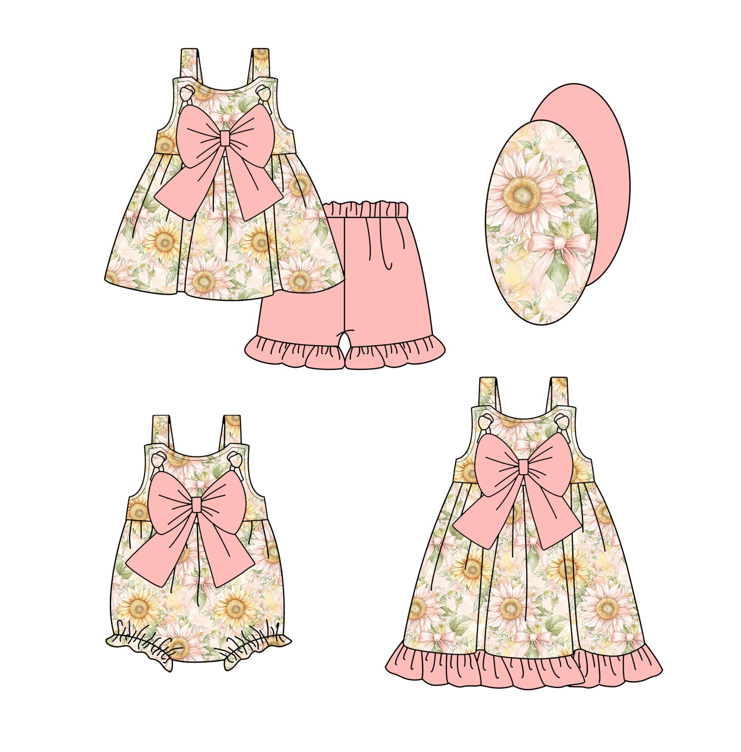 2.22(Custom Design Preorder MOQ 5 Each Design) Sunflowers Bows Print Girls Summer Matching Clothes Sisters Wear