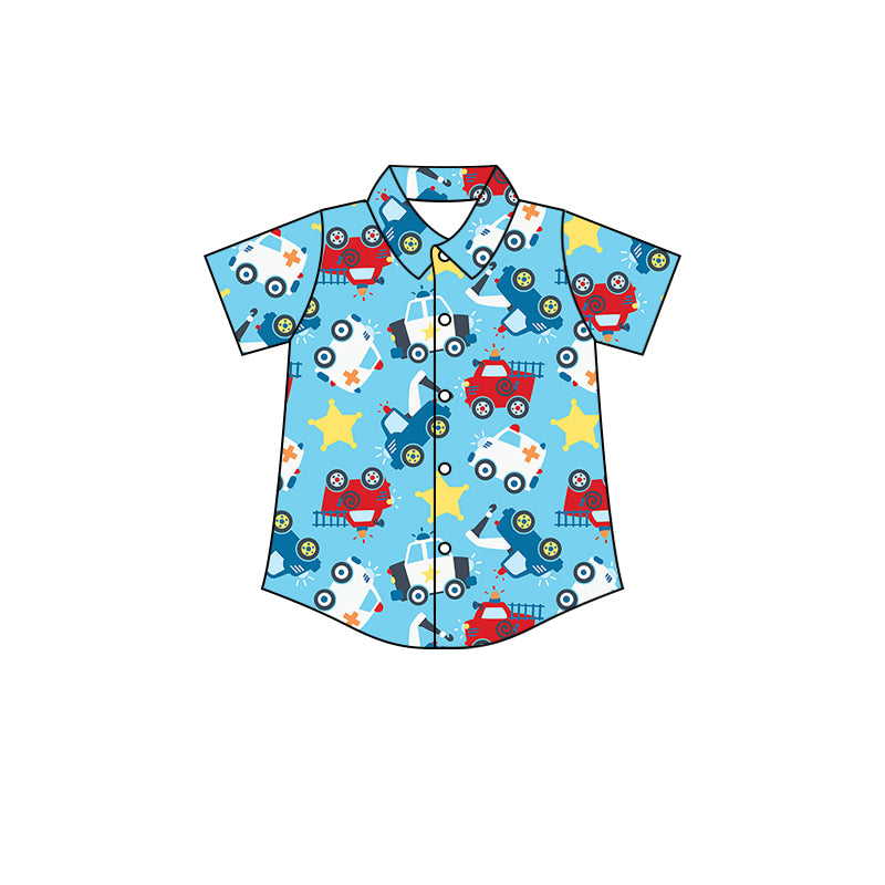 (Custom Design Preorder MOQ 5) Blue Cars Print Boys Summer Tee Shirts Top