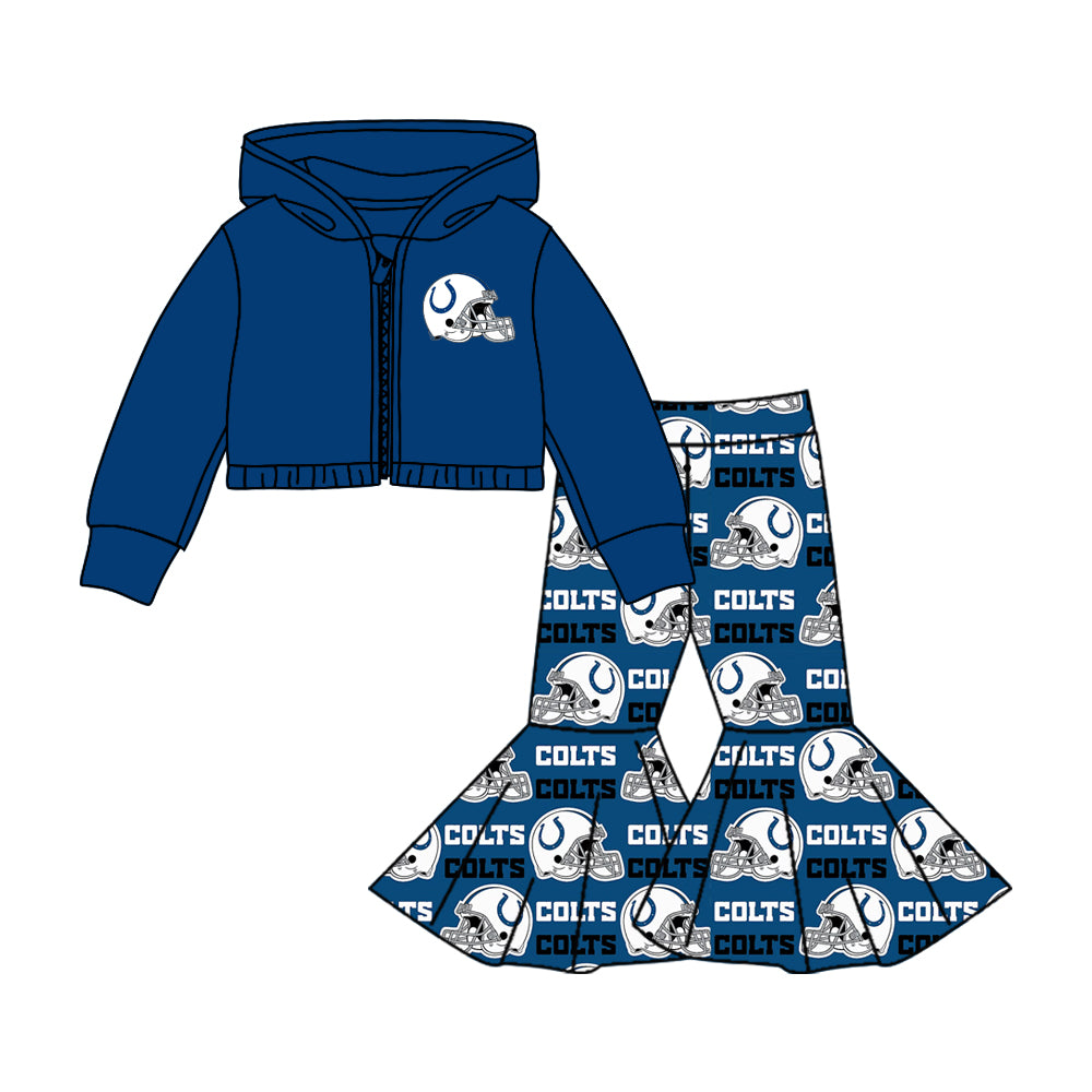 (Custom Design Preorder MOQ 5 ) Football Team's COLTS Jacket Zipper Hoodie Top Bell Pants Girls Clothes Set