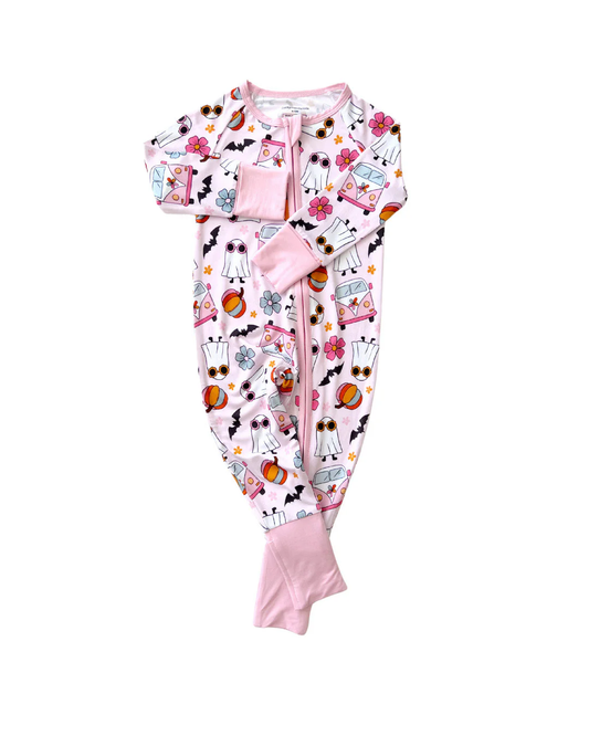(Custom Design Preorder MOQ 5) Spooky Flowers Pumpkin Print Baby Girls Halloween Sleeper Zipper Romper