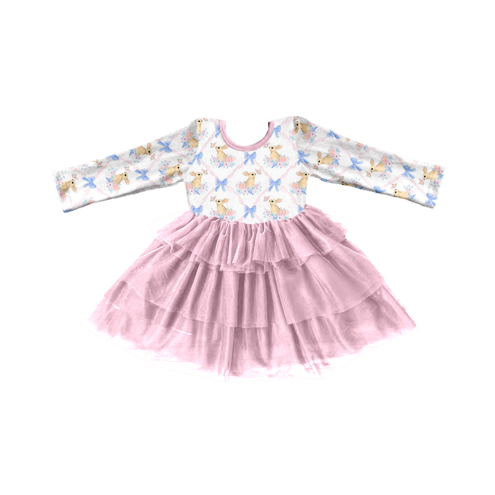 (Custom Design Preorder MOQ 5) Bunny Bow Print Girls Easter Knee Length Tulle Dress