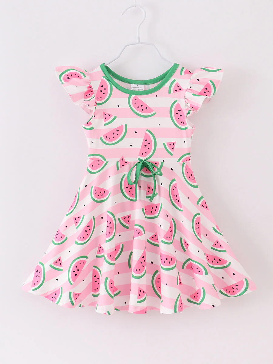 (Custom Design Preorder MOQ 5) Watermelon Pink Stripes Print Girls Knee Length Summer Dress