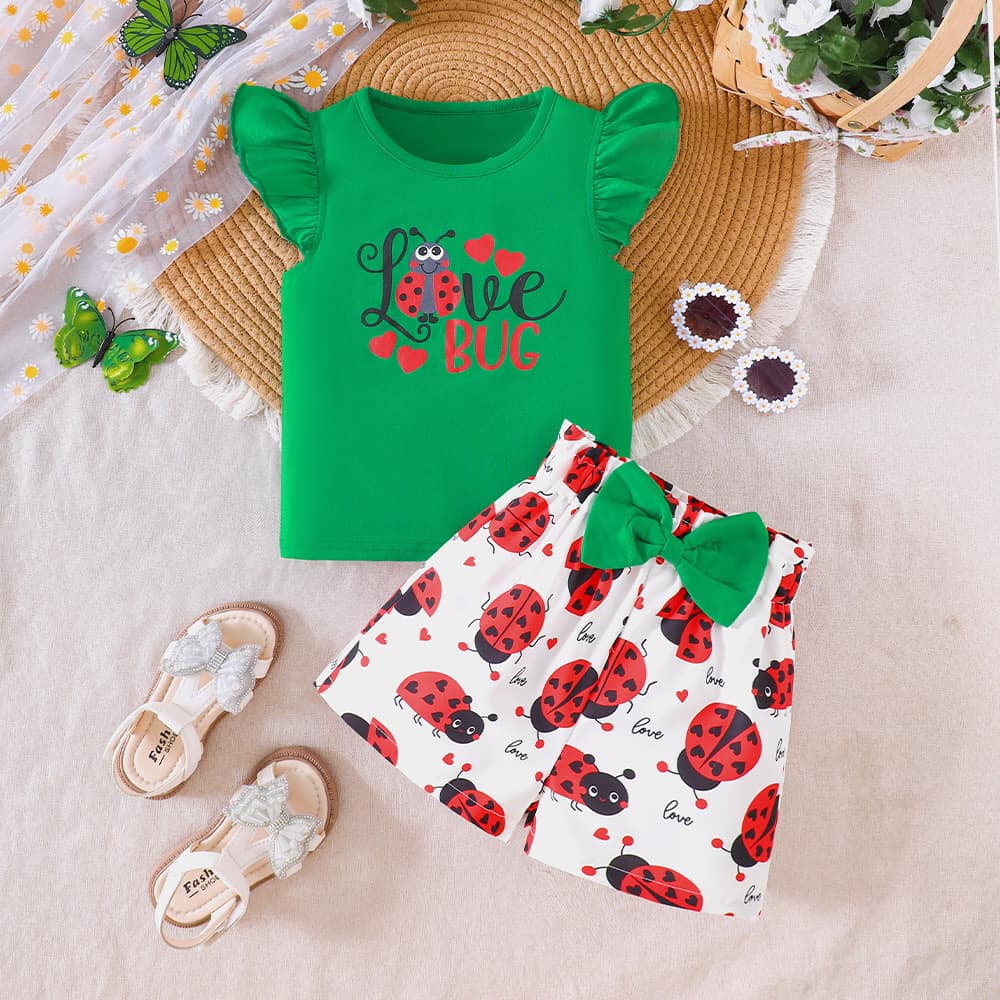 (Custom Design Preorder MOQ 5) LOVE BUG Green Top Shorts Girls Summer Clothes Set