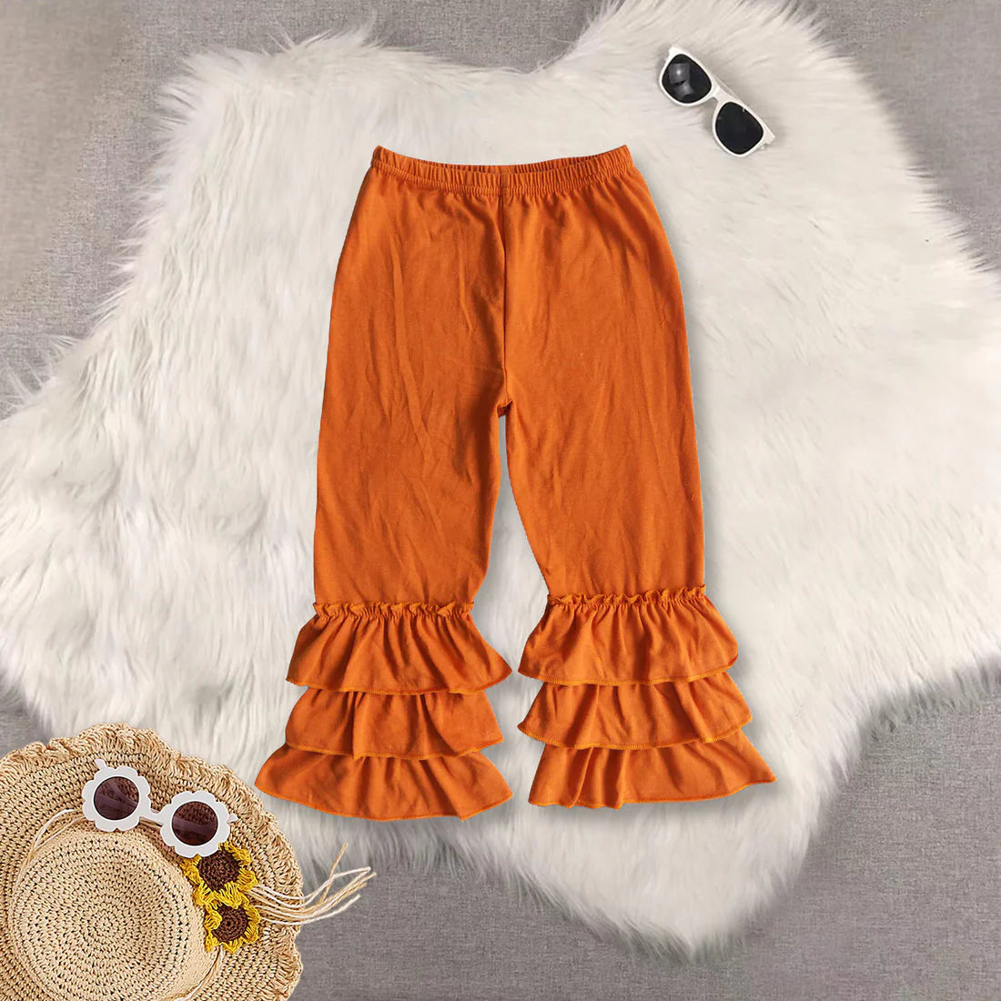 Ruffles Solid Color Girls Cotton Pants Sisters Wear