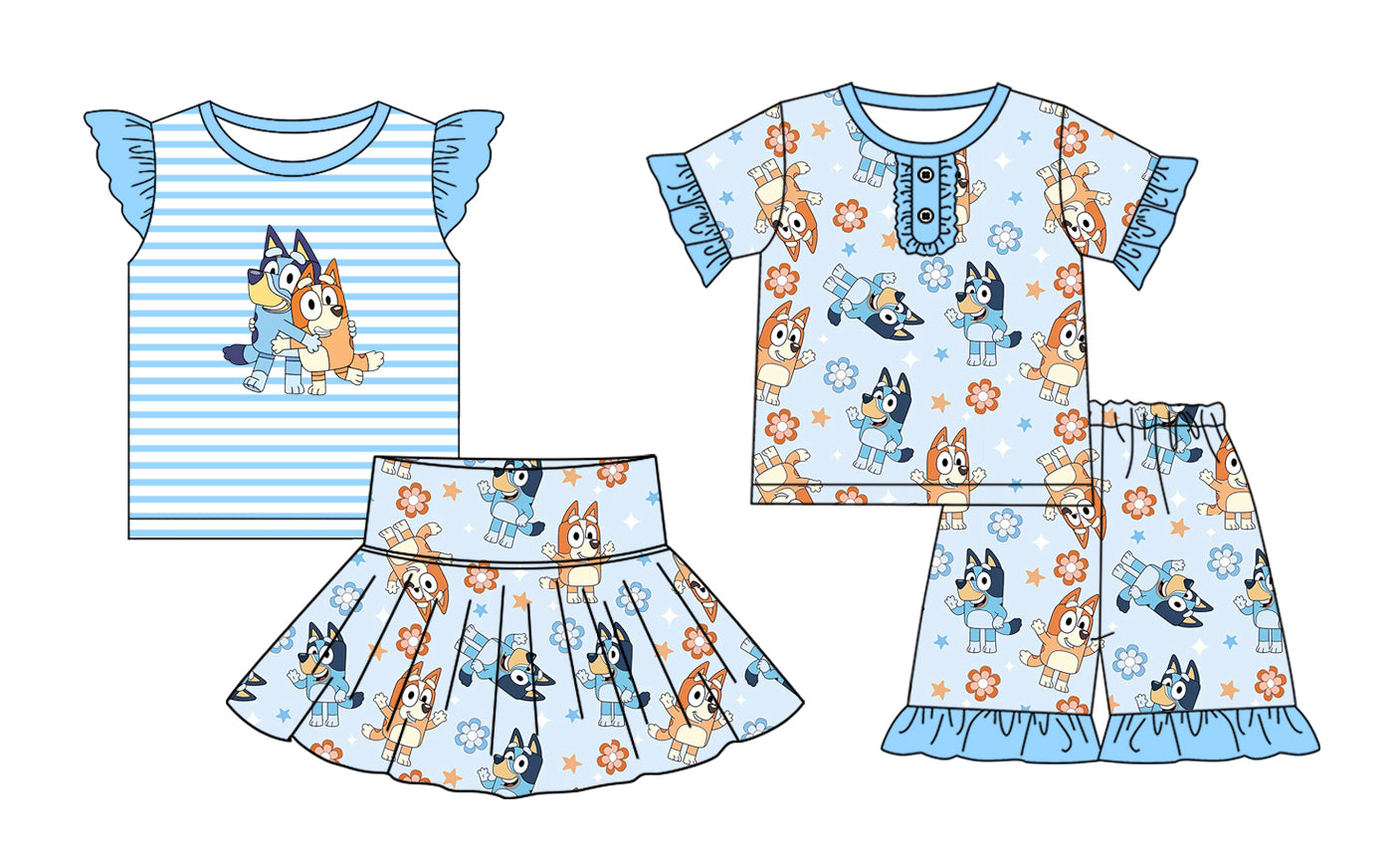 2.18(Custom Design Preorder MOQ 5 Each Design) Cartoon Dog Blue Print Girls Summer Matching Clothes Sisters Wear