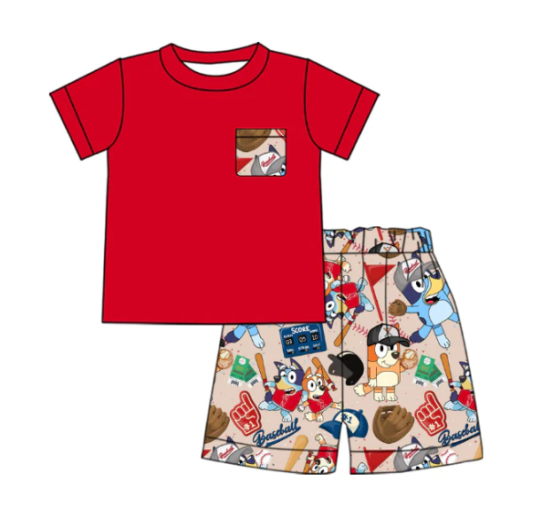 (Custom Design Preorder MOQ 5) Red Pocket Top Cartoon Dog Shorts Boys Summer Clothes Set