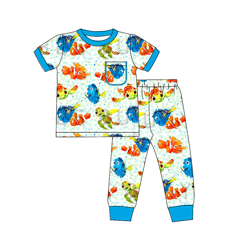 (Custom Design Preorder MOQ 5) Cartoon Fish Print Boys Pajamas Clothes Set